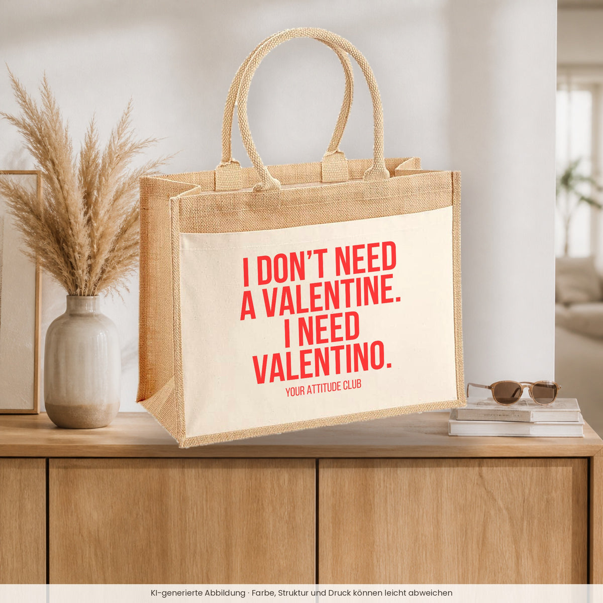 I don't need a Valentine. I need Valentino. – Jutetasche mit Spruch, auf dem Sideboard im Flur