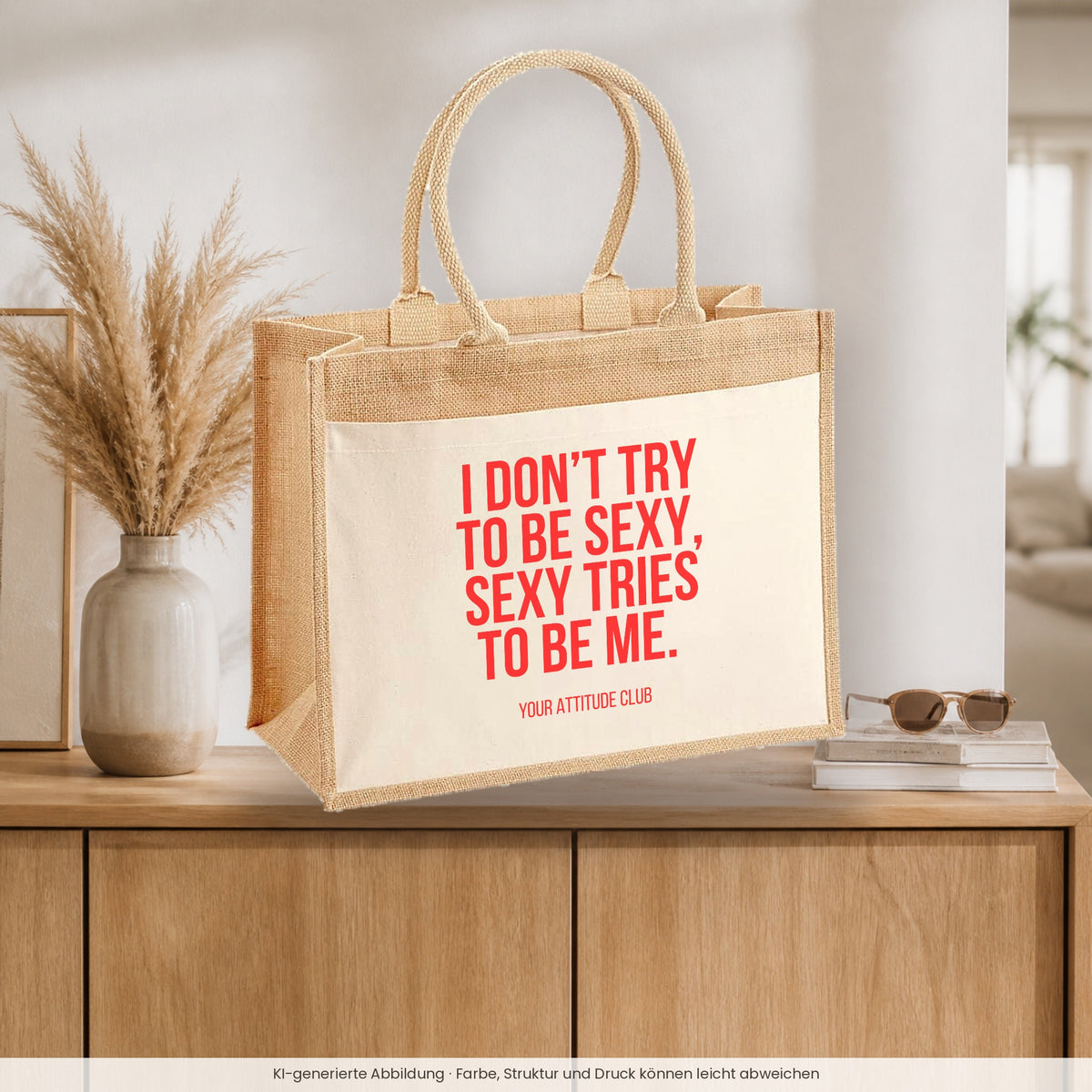 I don't try to be sexy, sexy tries to be me. – Jutetasche mit Spruch, auf dem Sideboard im Flur