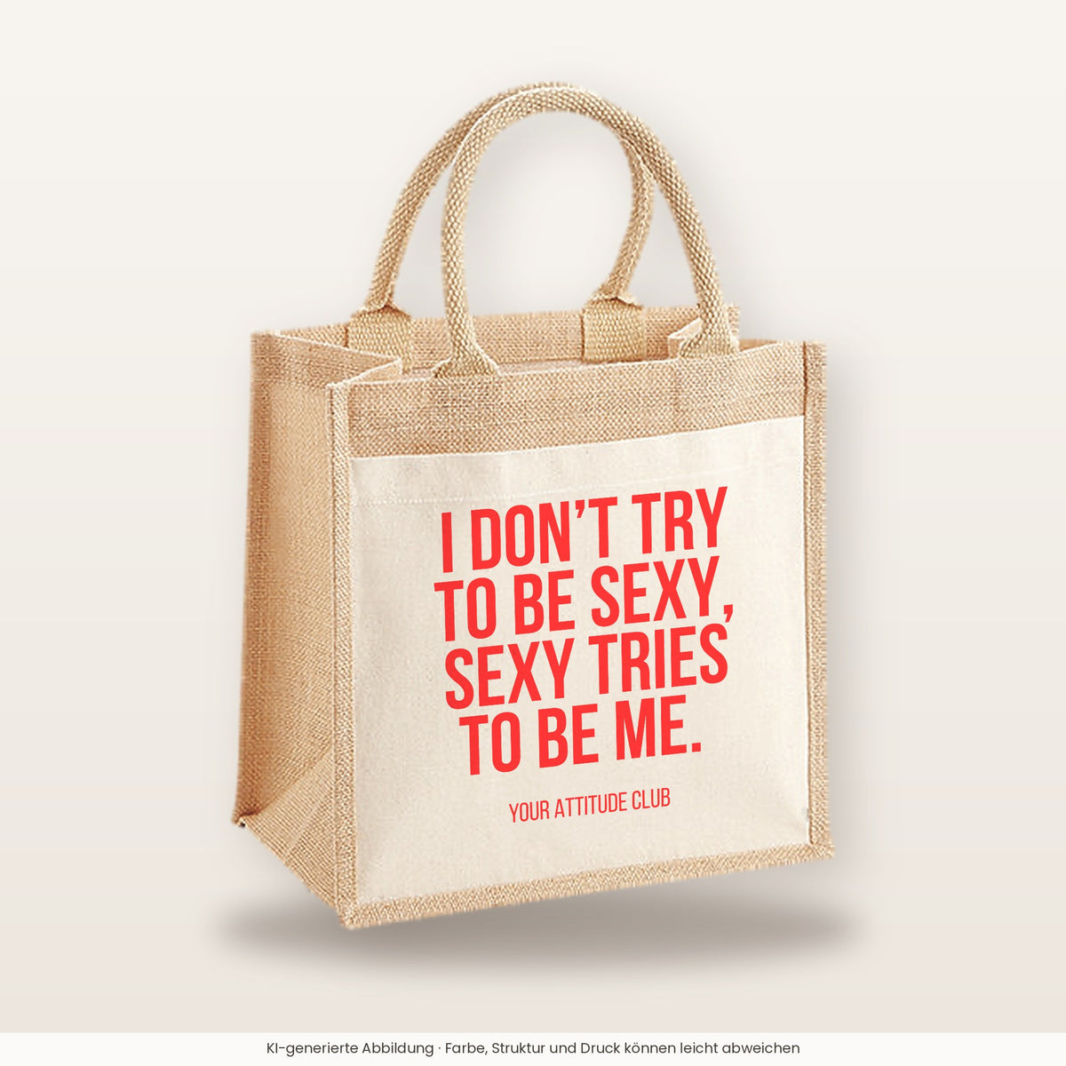 I don't try to be sexy, sexy tries to be me. – Jutetasche mit Spruch, mittlere Jutetasche 30 × 30 cm