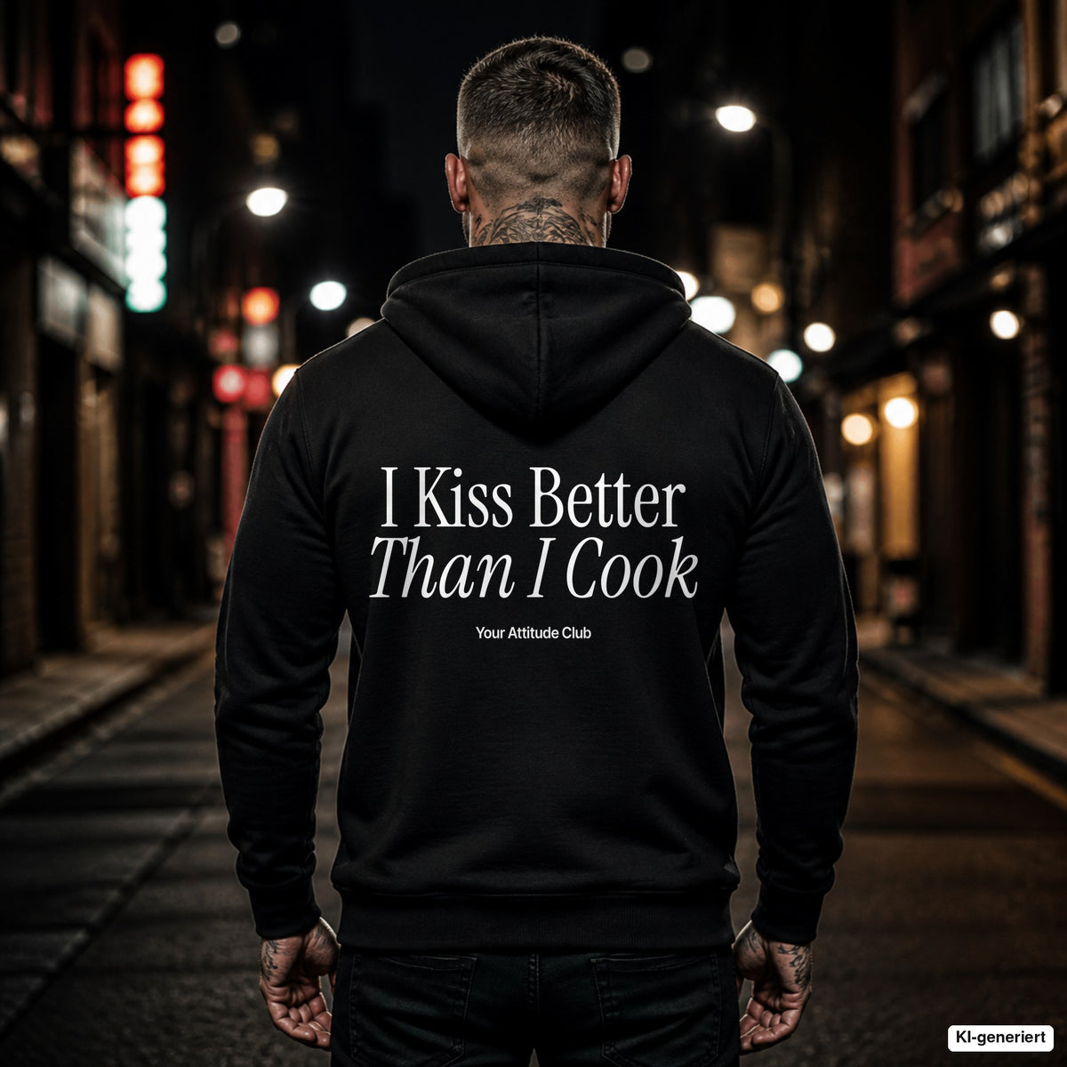 I Kiss Better Than I Cook – schwarzer Hoodie mit weißem Backprint, Herren in der Stadt bei Nacht