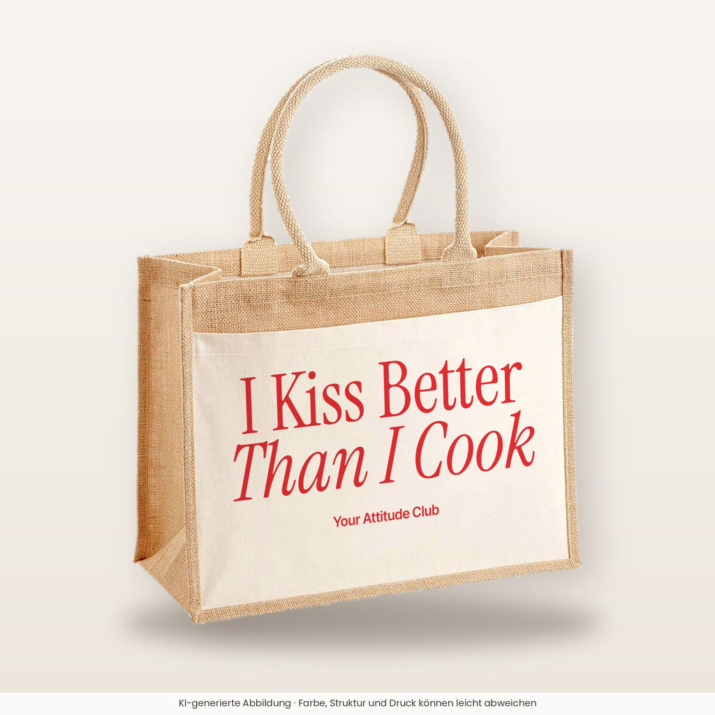 I Kiss Better Than I Cook – Jutetasche mit Spruch, große Jutetasche, Produktansicht
