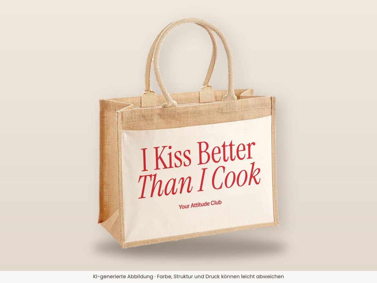 I Kiss Better Than I Cook – Jutetasche mit Spruch, große Jutetasche, Detailansicht