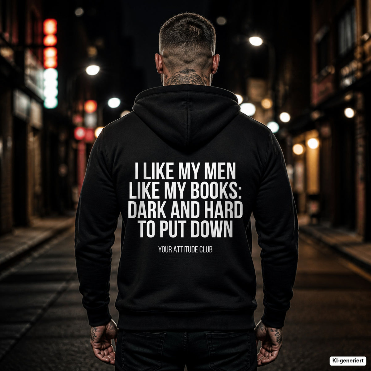 I like my men like my books: dark and hard to put down – schwarzer Hoodie mit weißem Backprint, Herren in der Stadt bei Nacht