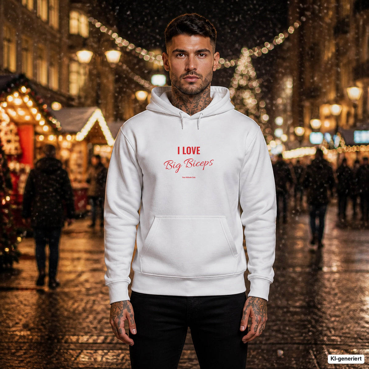 I Love Big Biceps – weißer Hoodie mit rotem Frontprint, Herren auf dem Weihnachtsmarkt