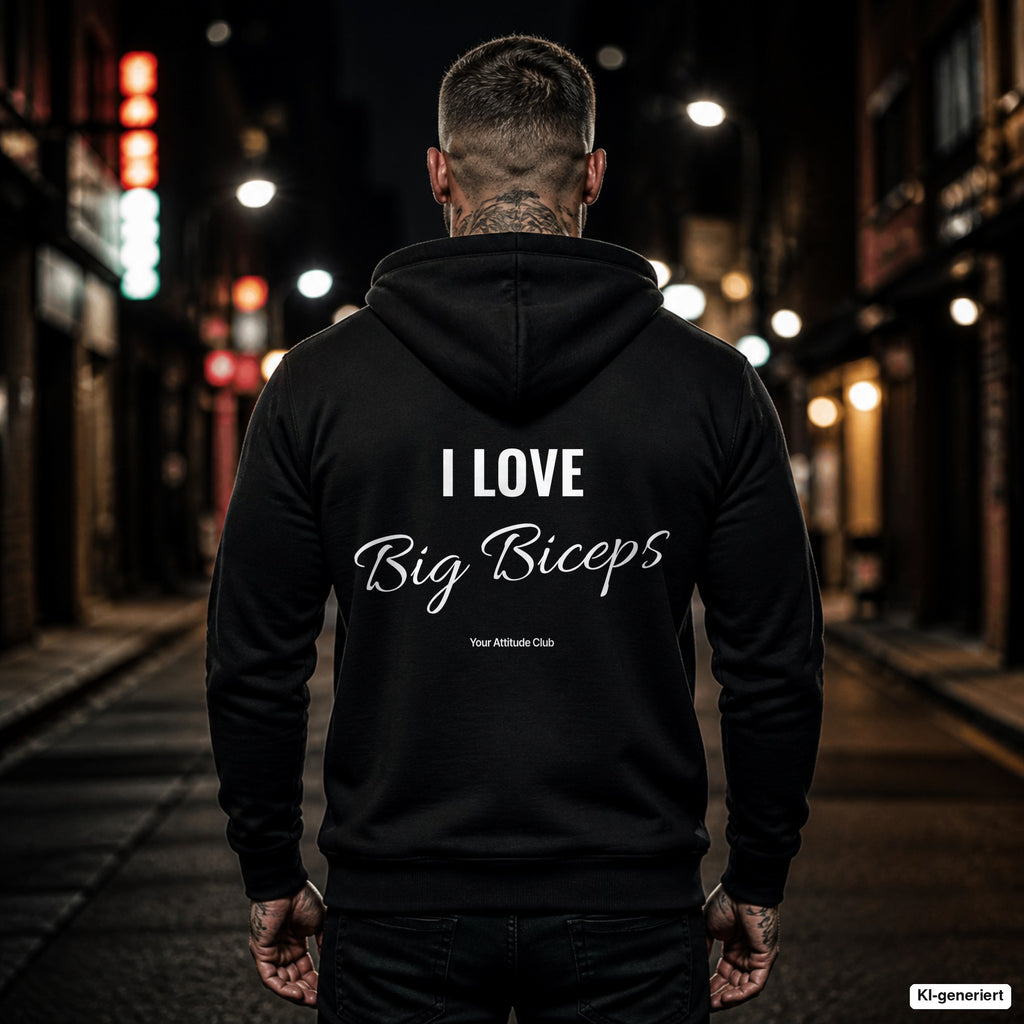 I Love Big Biceps – schwarzer Hoodie mit weißem Backprint, Herren in der Stadt bei Nacht