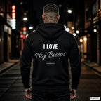 I Love Big Biceps – schwarzer Hoodie mit weißem Backprint, Herren in der Stadt bei Nacht