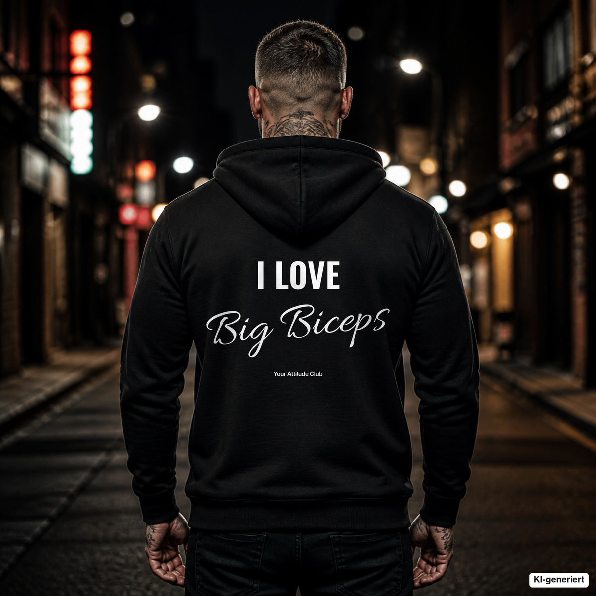 I Love Big Biceps – schwarzer Hoodie mit weißem Backprint, Herren in der Stadt bei Nacht