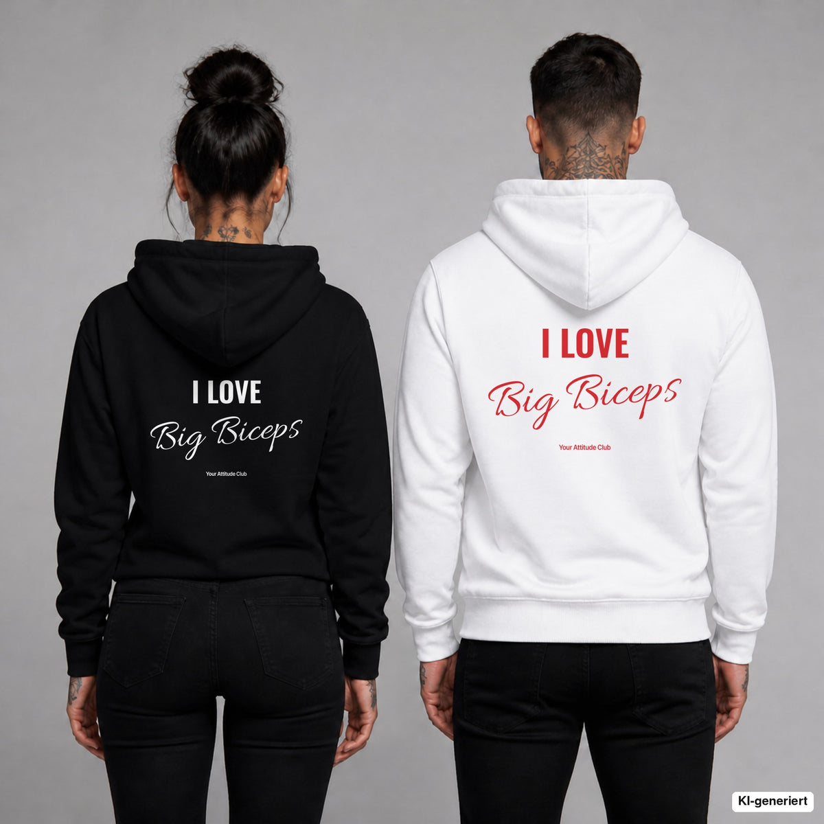 I Love Big Biceps – Hoodie mit Backprint, Frau in Schwarz und Mann in Weiß