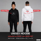 I Love Big Biceps – Hoodie wahlweise mit Frontprint oder Backprint – Frau vorne in Schwarz, Mann hinten in Weiß