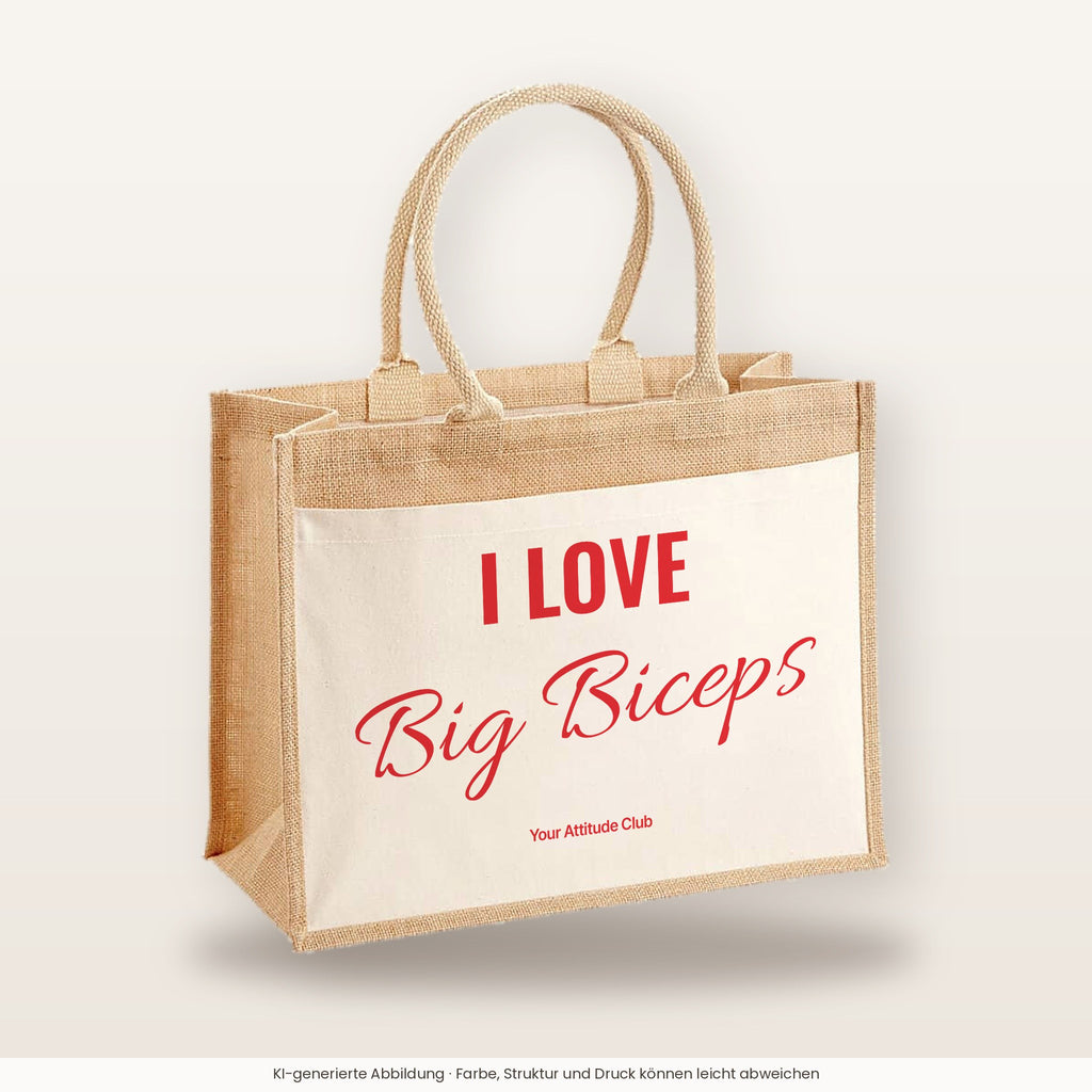 I Love Big Biceps – Jutetasche mit Spruch, große Jutetasche, Produktansicht
