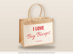 I Love Big Biceps – Jutetasche mit Spruch, große Jutetasche, Detailansicht