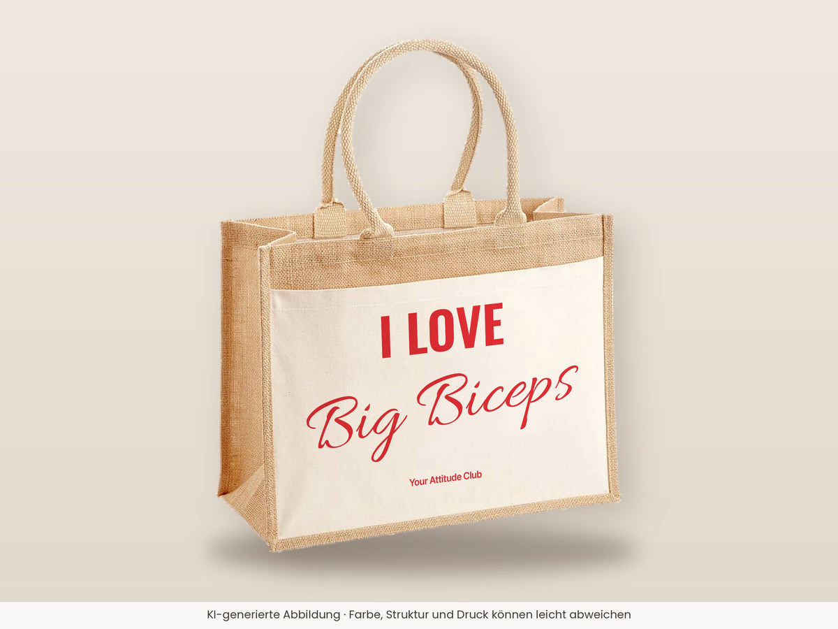 I Love Big Biceps – Jutetasche mit Spruch, große Jutetasche, Detailansicht