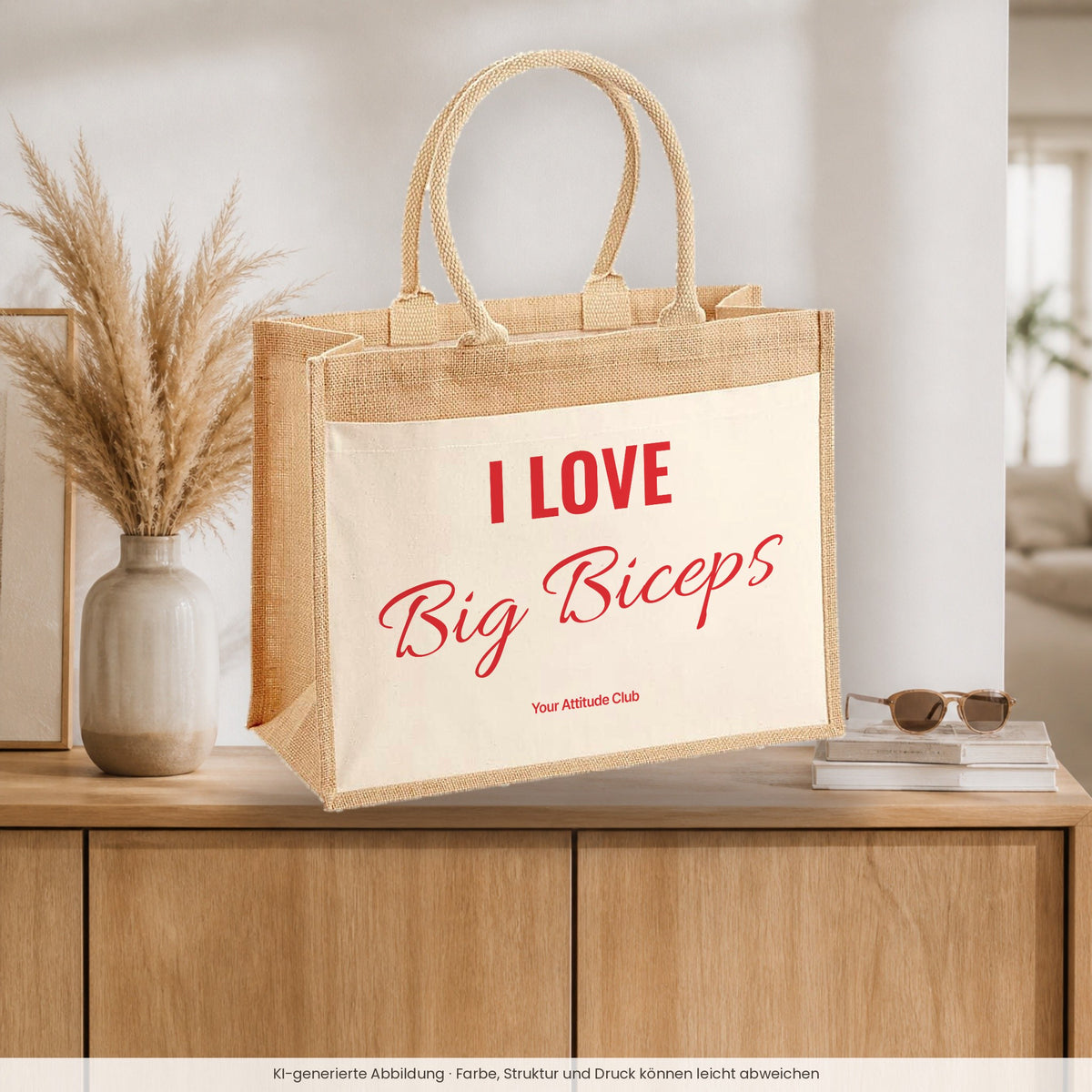 I Love Big Biceps – Jutetasche mit Spruch, auf dem Sideboard im Flur