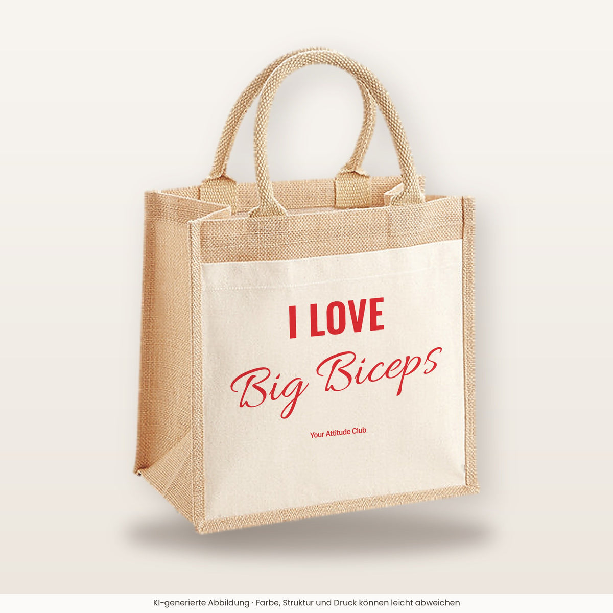 I Love Big Biceps – Jutetasche mit Spruch, mittlere Jutetasche 30 × 30 cm