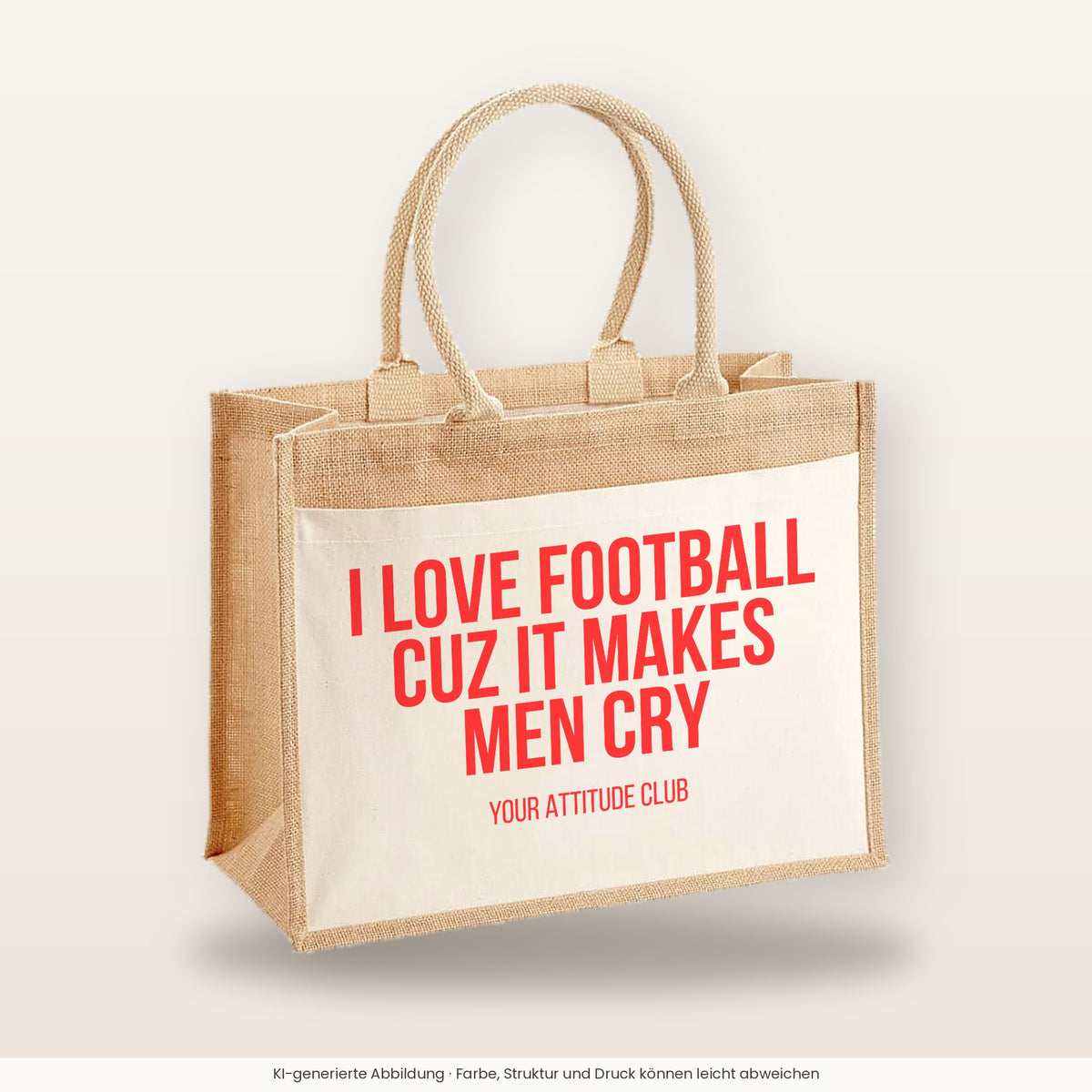 I love football cuz it makes men cry – Jutetasche mit Spruch, große Jutetasche, Produktansicht