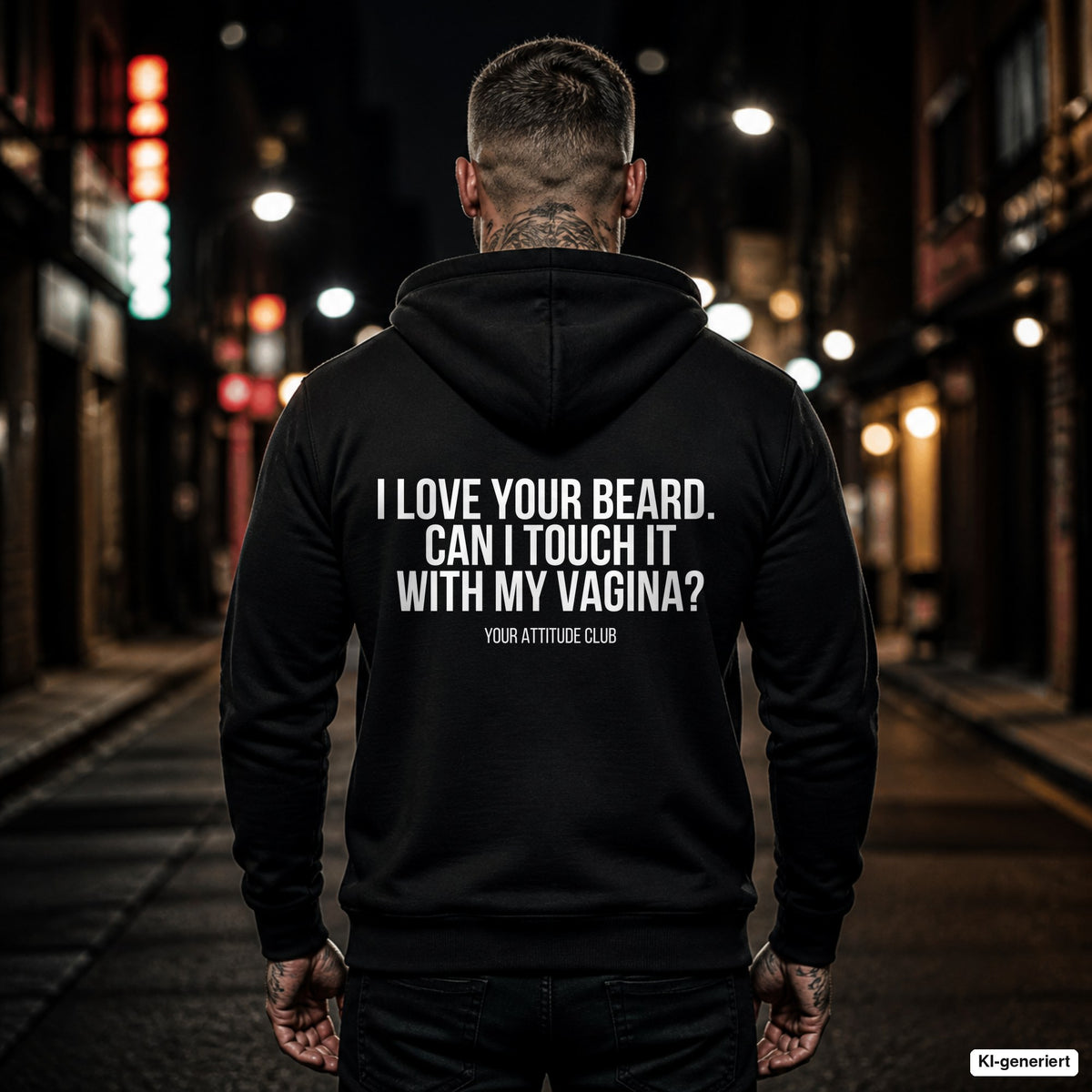 I love your beard. can I touch it with my vagina – schwarzer Hoodie mit weißem Backprint, Herren in der Stadt bei Nacht