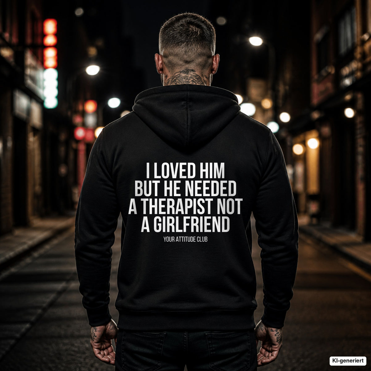 I loved him but he needed a therapist not a girlfriend – schwarzer Hoodie mit weißem Backprint, Herren in der Stadt bei Nacht