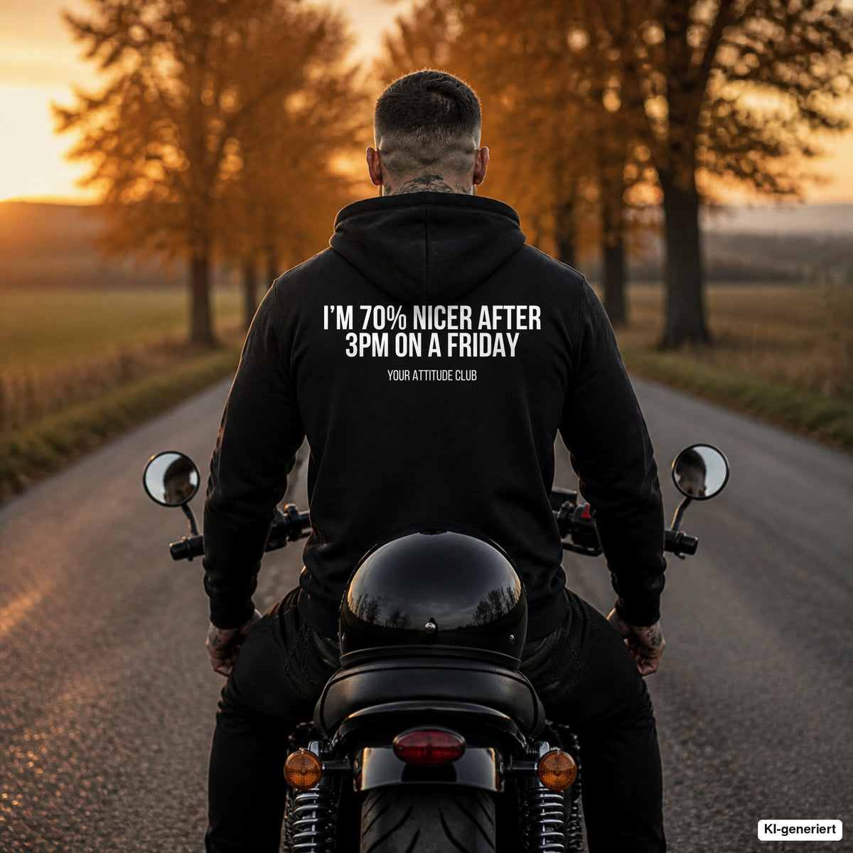 I’m 70% nicer after 3pm on a friday – schwarzer Hoodie mit weißem Backprint, Herren auf dem Motorrad