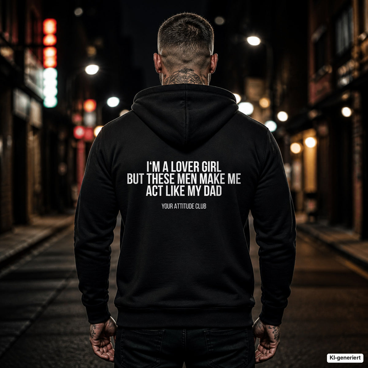 I‘m a lover girl but these men.. make me act like my dad – schwarzer Hoodie mit weißem Backprint, Herren in der Stadt bei Nacht