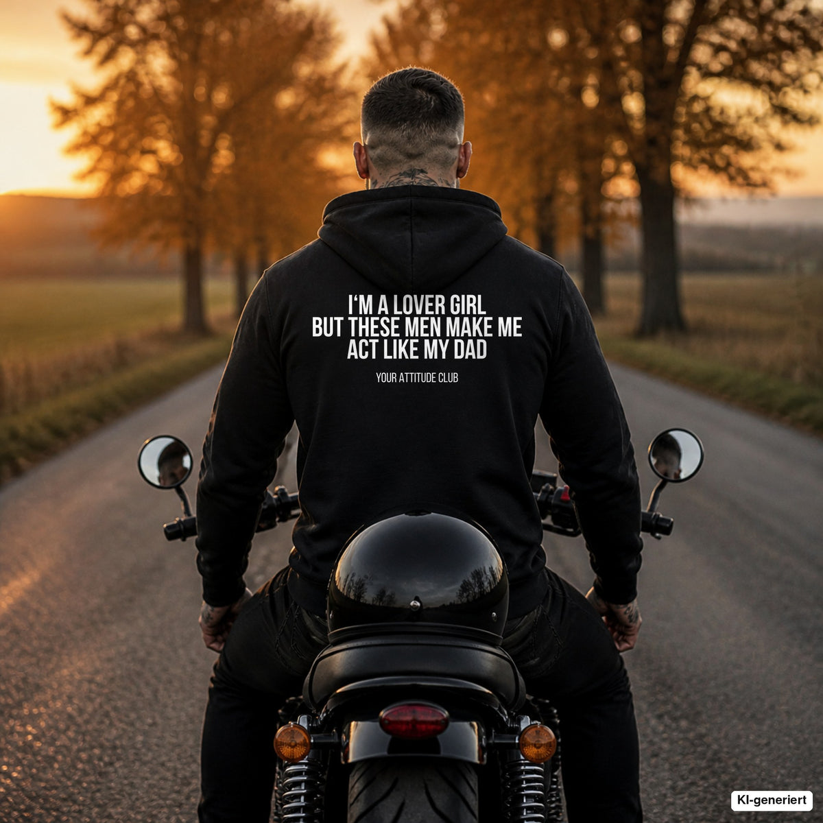 I‘m a lover girl but these men.. make me act like my dad – schwarzer Hoodie mit weißem Backprint, Herren auf dem Motorrad