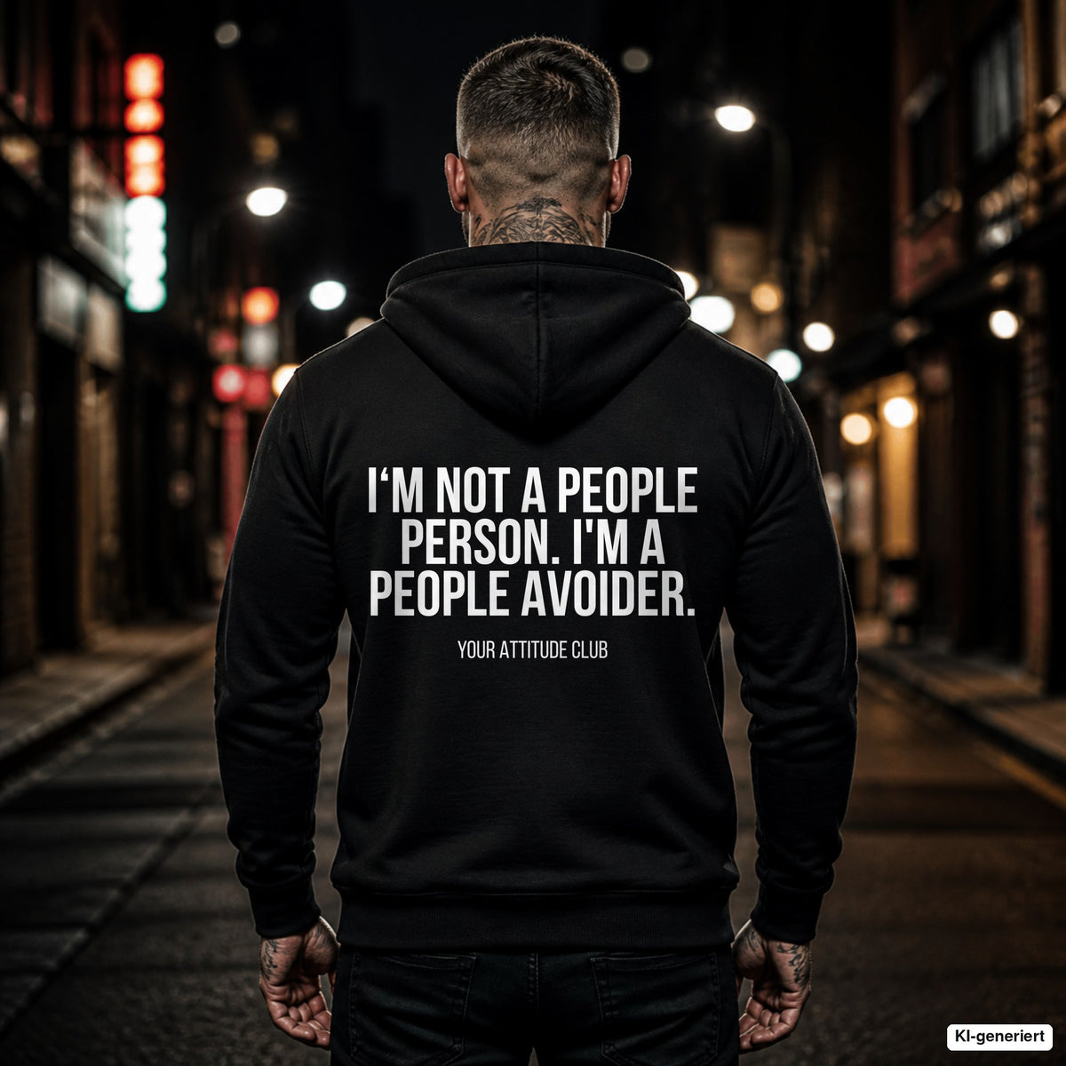 I‘m not a people person. I'm a people avoider – schwarzer Hoodie mit weißem Backprint, Herren in der Stadt bei Nacht