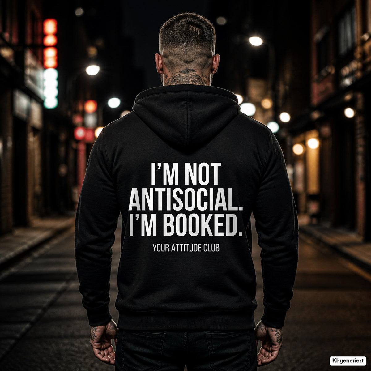 I’m not antisocial. I’m booked. – schwarzer Hoodie mit weißem Backprint, Herren in der Stadt bei Nacht