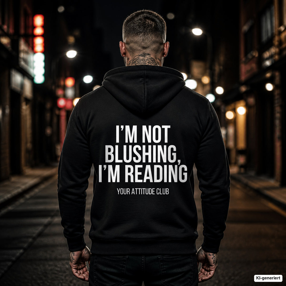 I’m not blushing, I’m reading – schwarzer Hoodie mit weißem Backprint, Herren in der Stadt bei Nacht