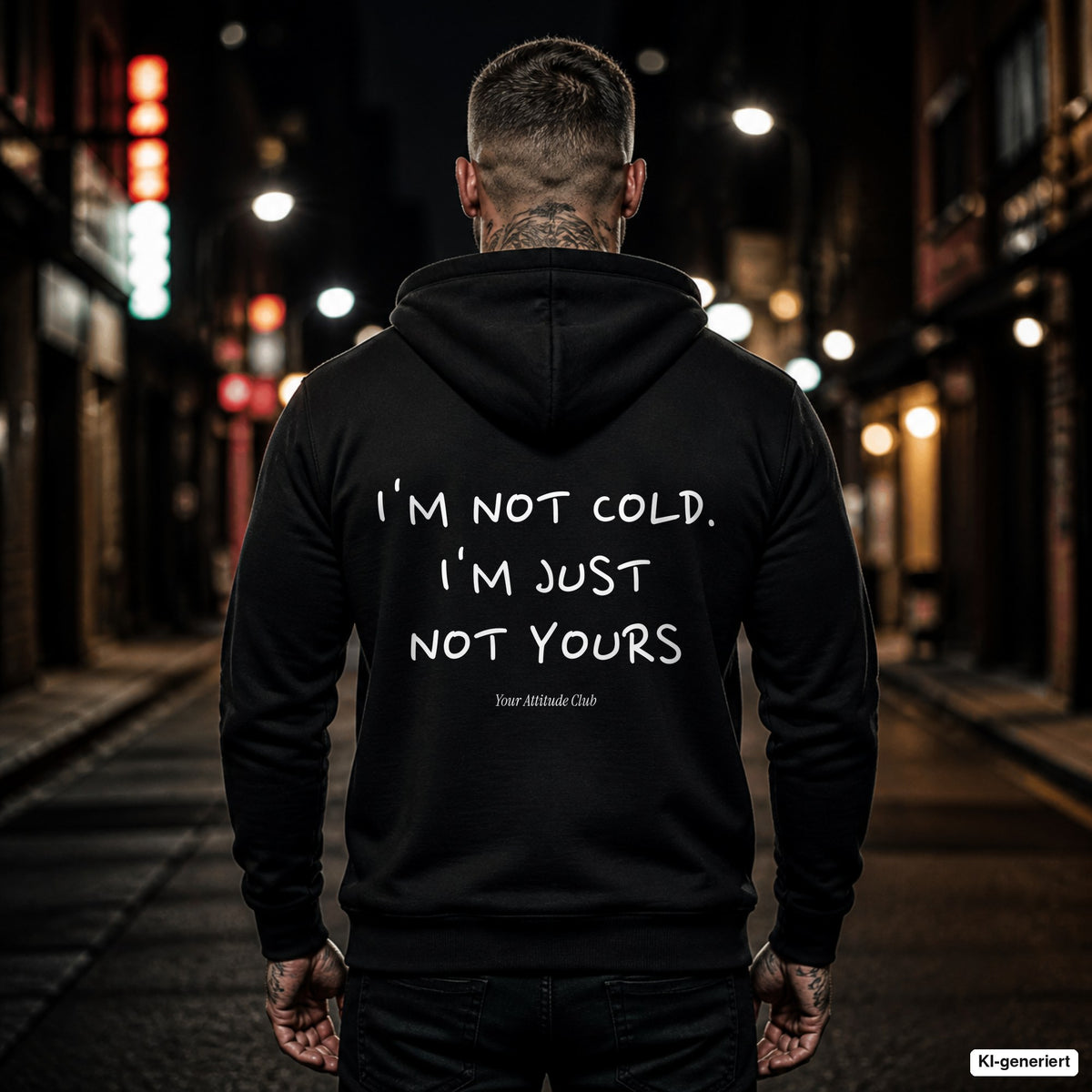 I'm Not Cold. I'm Just Not Yours – schwarzer Hoodie mit weißem Backprint, Herren in der Stadt bei Nacht