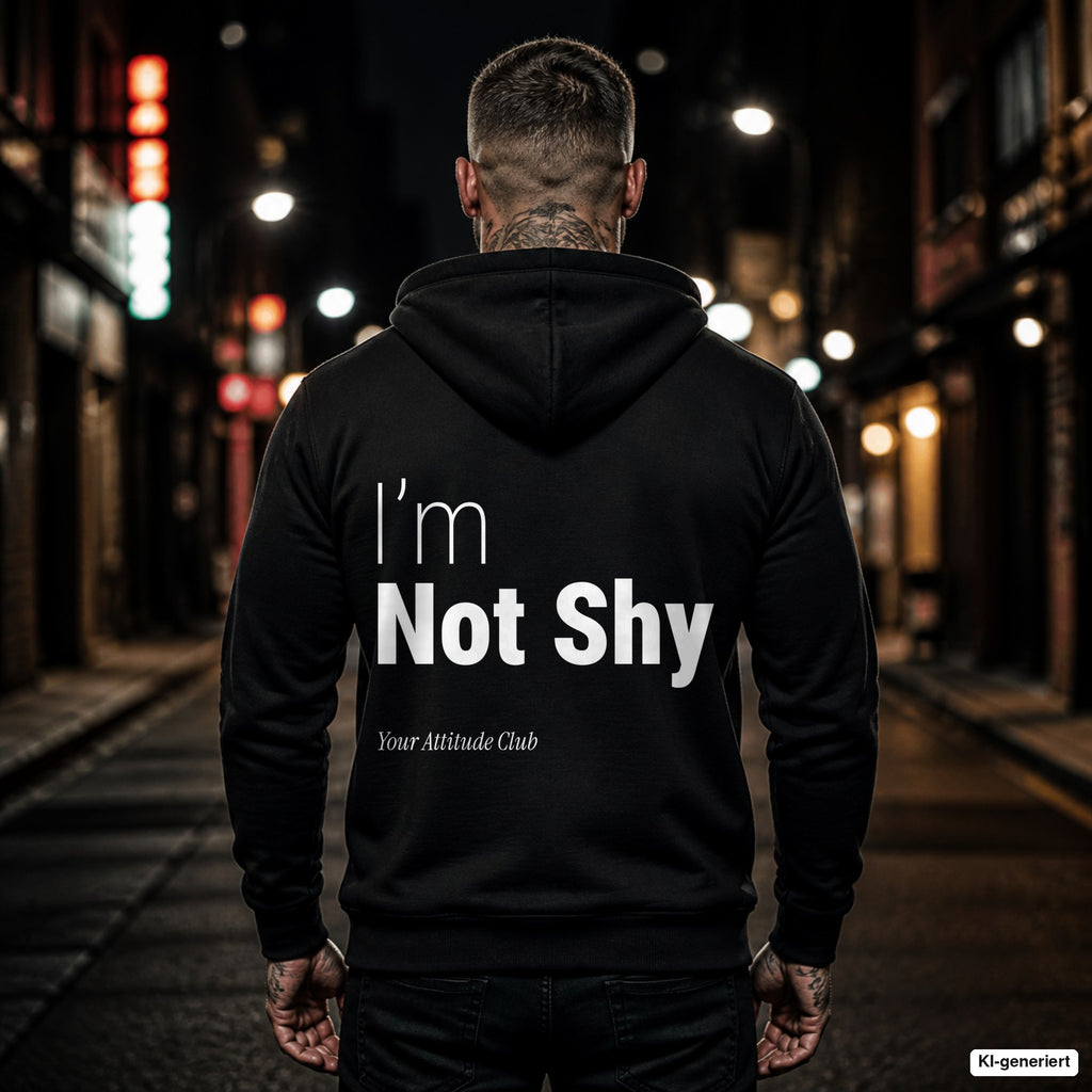 I’m Not Shy – schwarzer Hoodie mit weißem Backprint, Herren in der Stadt bei Nacht