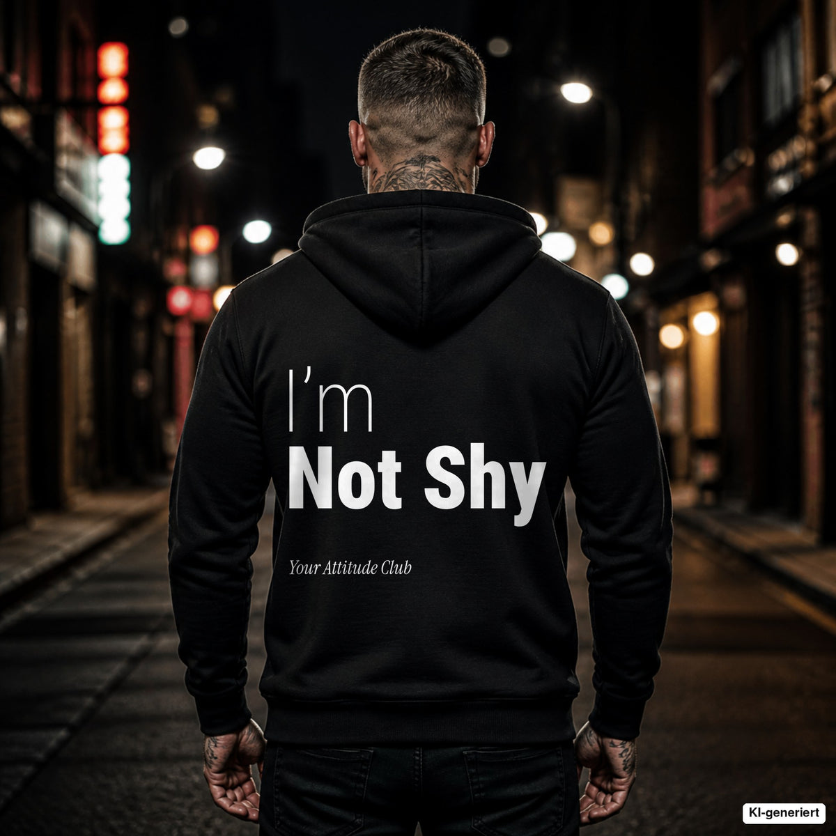 I’m Not Shy – schwarzer Hoodie mit weißem Backprint, Herren in der Stadt bei Nacht