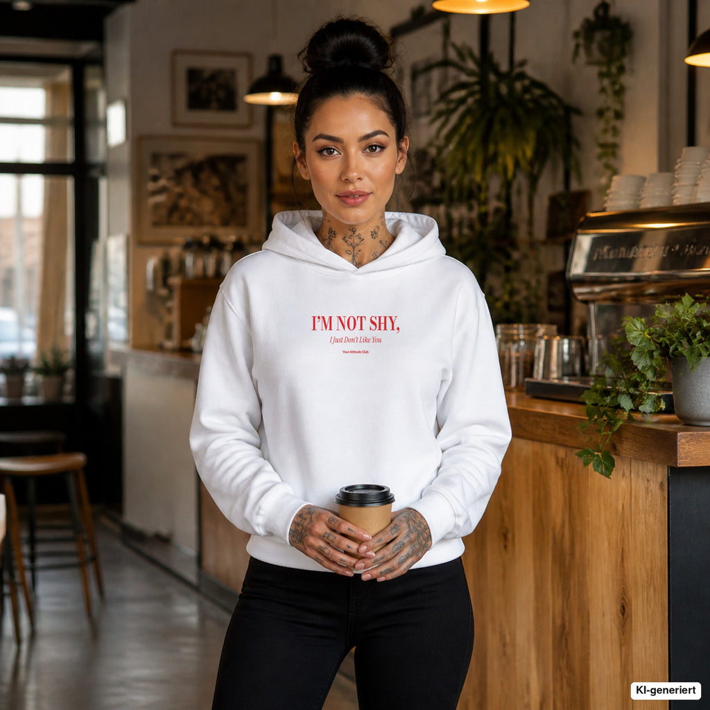 I’m Not Shy, I Just Don’t Like You – weißer Hoodie mit rotem Frontprint, Damen im Café