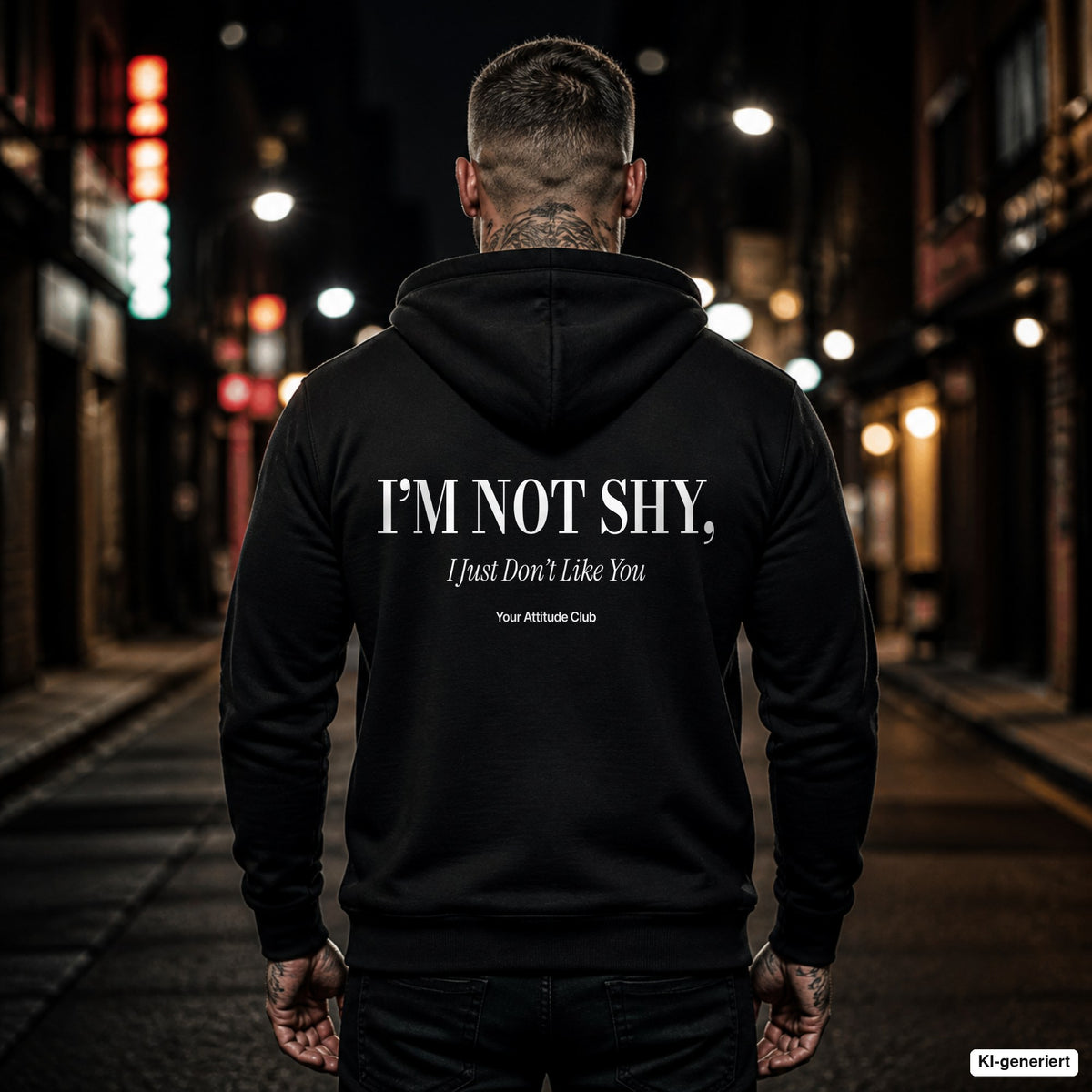 I’m Not Shy, I Just Don’t Like You – schwarzer Hoodie mit weißem Backprint, Herren in der Stadt bei Nacht