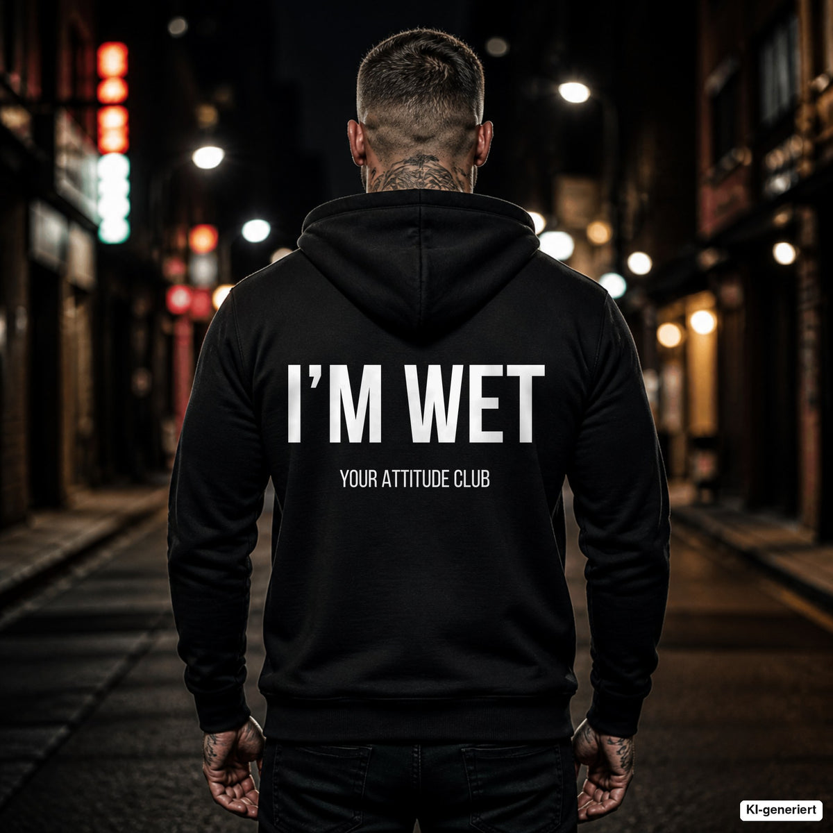 I’M WET – schwarzer Hoodie mit weißem Backprint, Herren in der Stadt bei Nacht