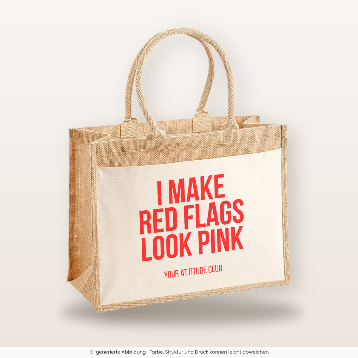 I make red flags look pink – Jutetasche mit Spruch, große Jutetasche, Produktansicht