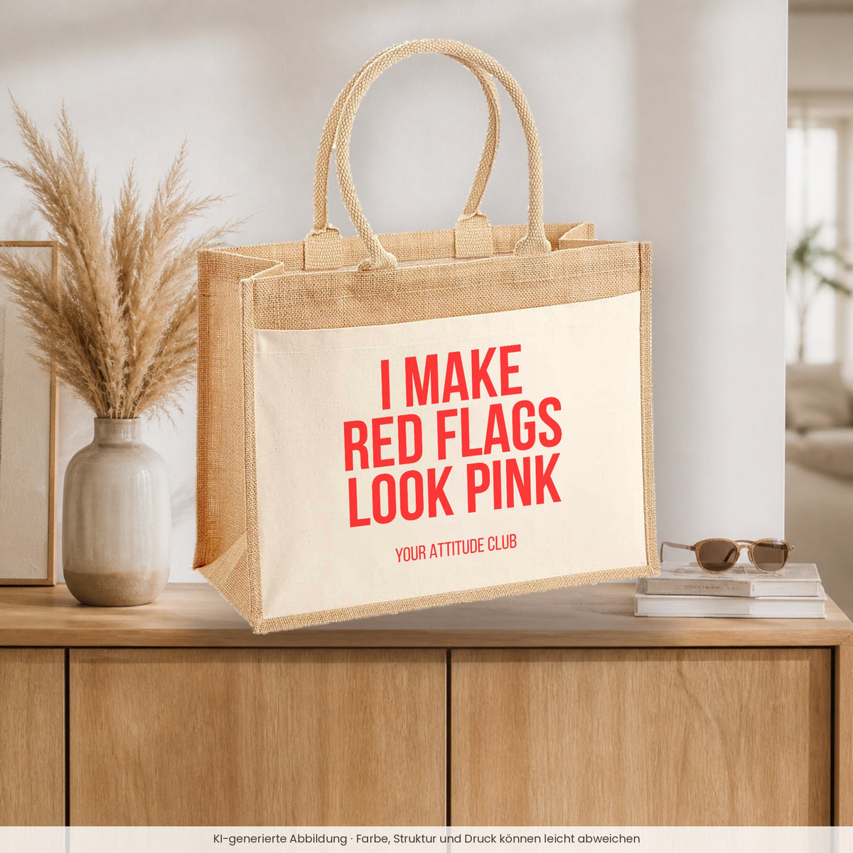 I make red flags look pink – Jutetasche mit Spruch, auf dem Sideboard im Flur