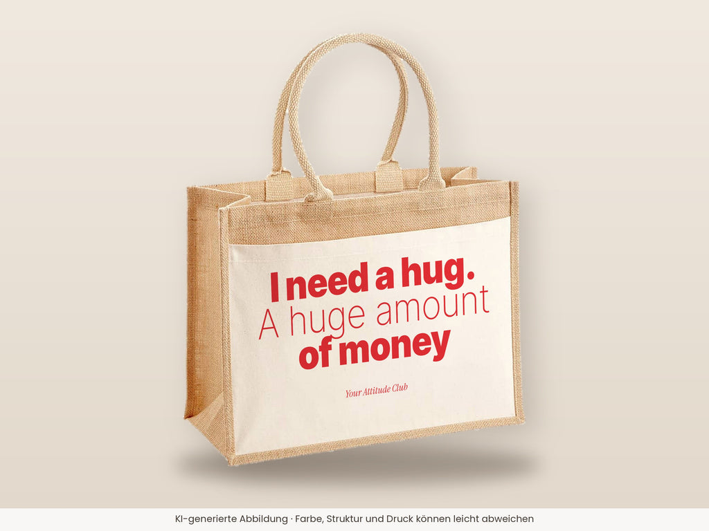 I need a hug. A huge amount of money – Jutetasche mit Spruch, große Jutetasche, Detailansicht