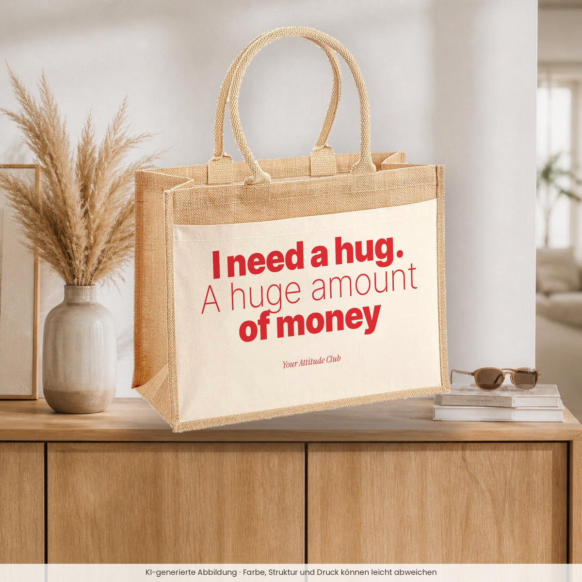 I need a hug. A huge amount of money – Jutetasche mit Spruch, auf dem Sideboard im Flur