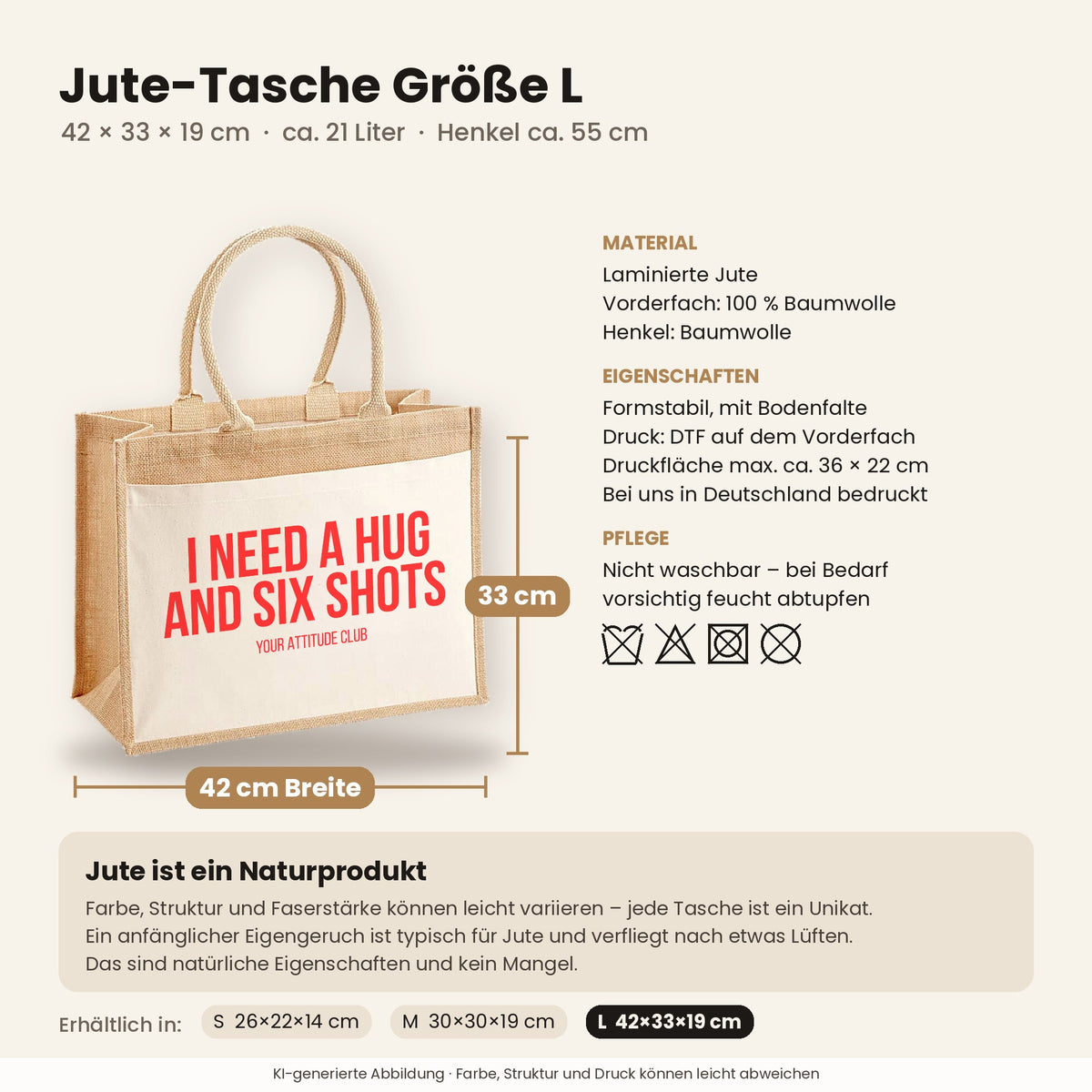 I need a hug and six shots – Jutetasche mit Spruch, Maße, Material und Pflege