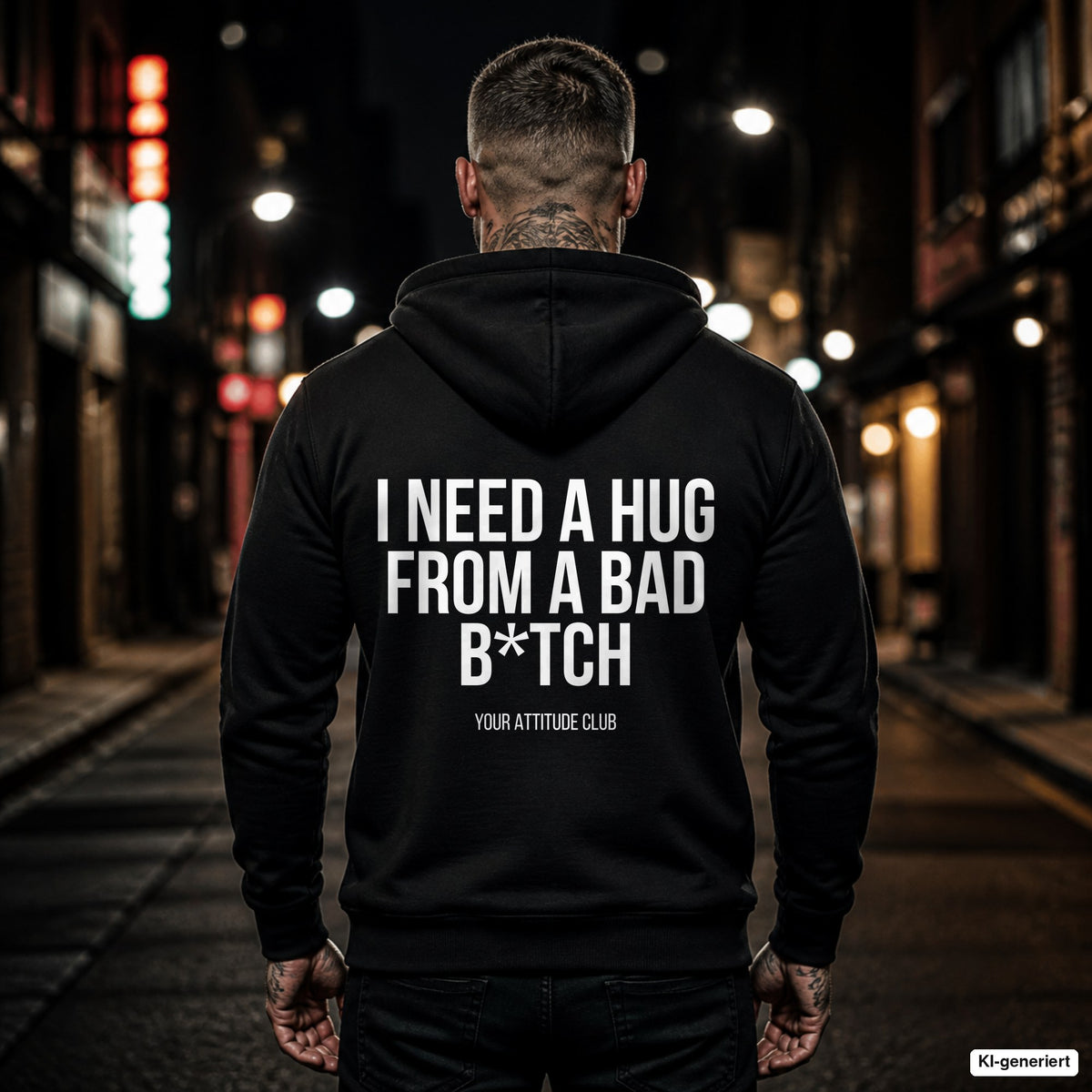 I need a hug from a bad b*tch – schwarzer Hoodie mit weißem Backprint, Herren in der Stadt bei Nacht