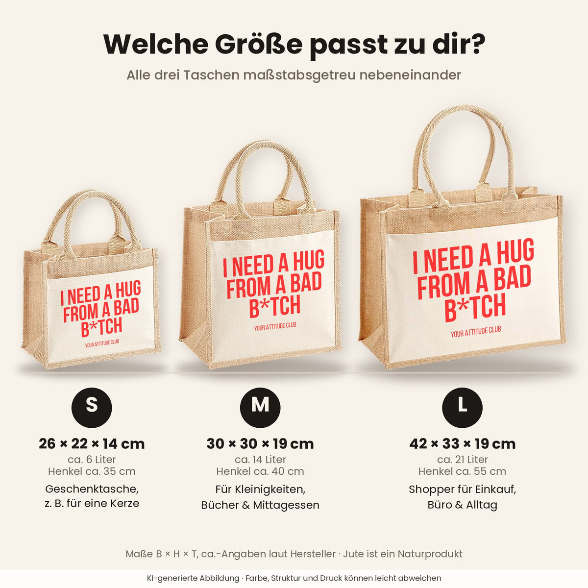 I need a hug from a bad b*tch – Jutetasche mit Spruch, Größenvergleich klein, mittel, groß