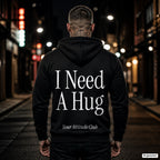 I Need A Hug – schwarzer Hoodie mit weißem Backprint, Herren in der Stadt bei Nacht