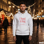 I Need A Hug – weißer Hoodie mit rotem Frontprint, Herren auf dem Weihnachtsmarkt