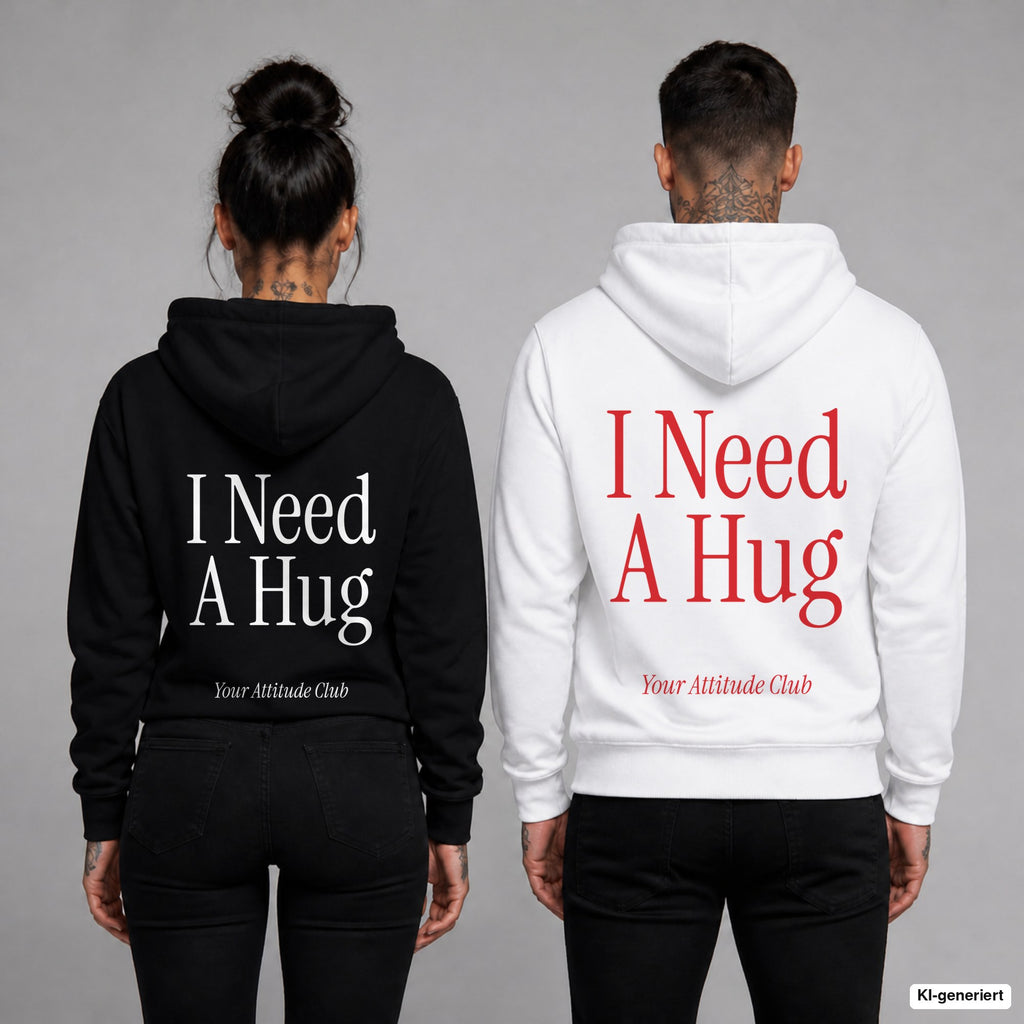 I Need A Hug – Hoodie mit Backprint, Frau in Schwarz und Mann in Weiß