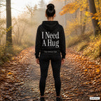 I Need A Hug – schwarzer Hoodie mit weißem Backprint, Damen beim Joggen im Herbst