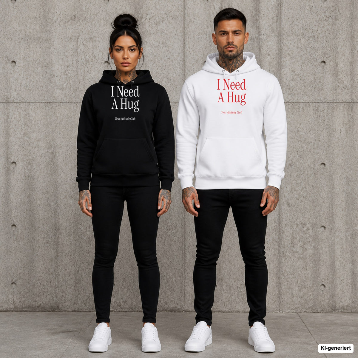 I Need A Hug – Hoodie mit Frontprint, Frau in Schwarz und Mann in Weiß vor Betonwand
