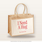I Need A Hug – Jutetasche mit Spruch, große Jutetasche, Produktansicht