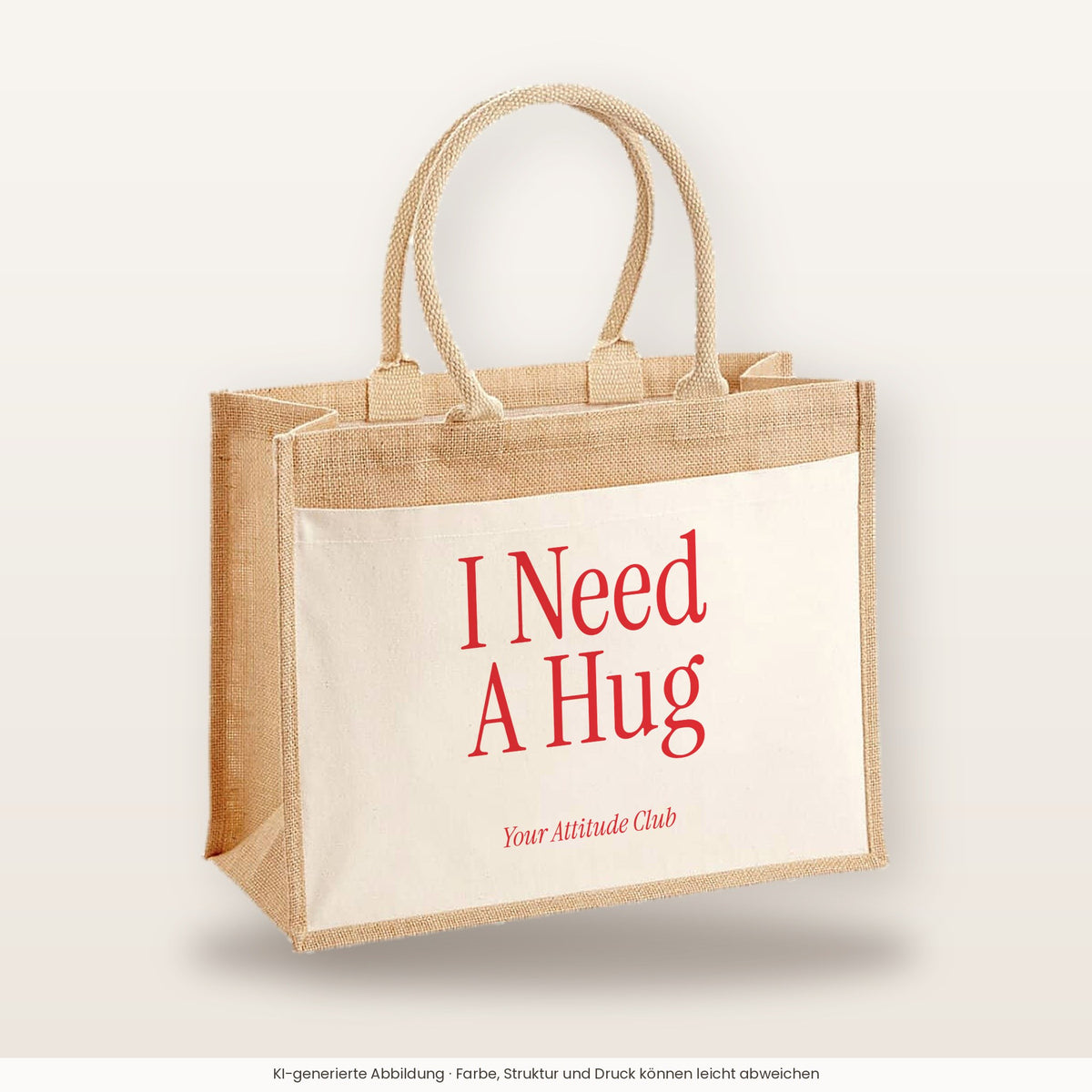 I Need A Hug – Jutetasche mit Spruch, große Jutetasche, Produktansicht