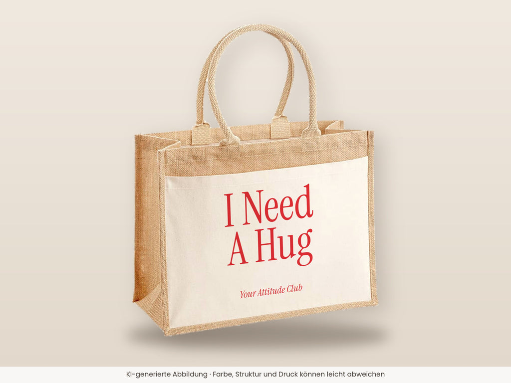 I Need A Hug – Jutetasche mit Spruch, große Jutetasche, Detailansicht