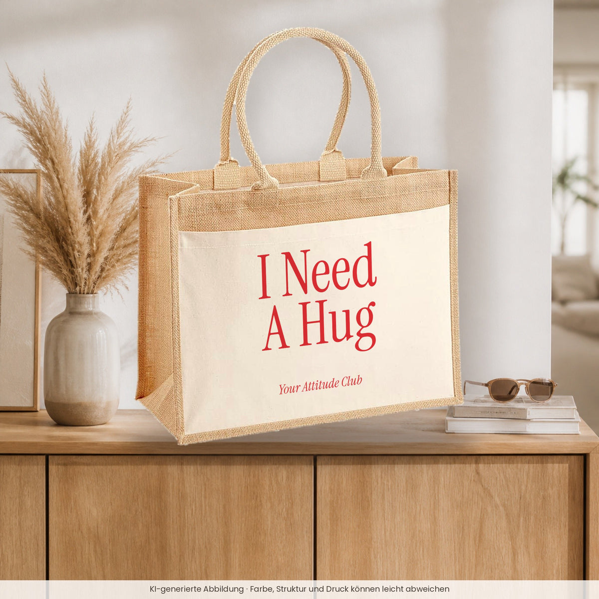 I Need A Hug – Jutetasche mit Spruch, auf dem Sideboard im Flur