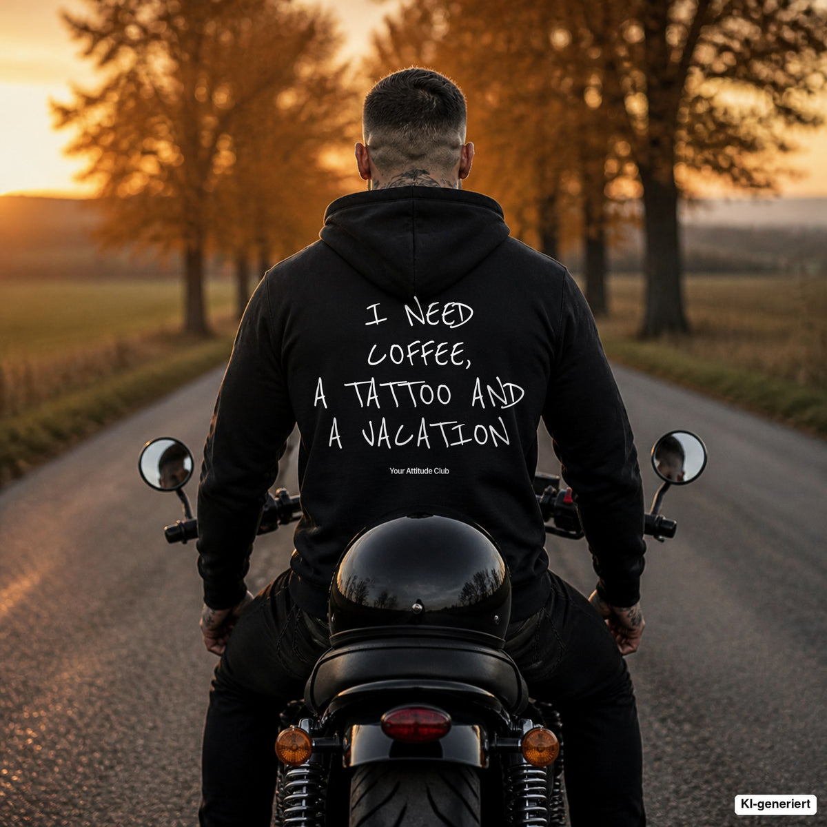 I Need Coffee, a Tattoo and a Vacation – schwarzer Hoodie mit weißem Backprint, Herren auf dem Motorrad